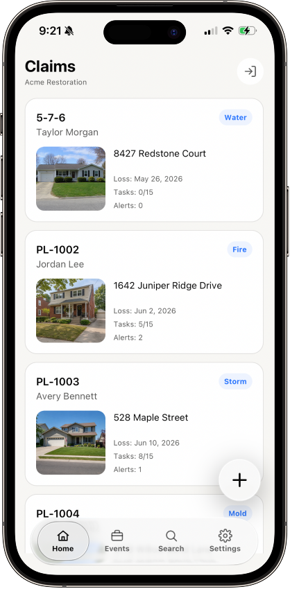 Capture mobile app showing the claims list with loss type, tasks, and alerts for each job