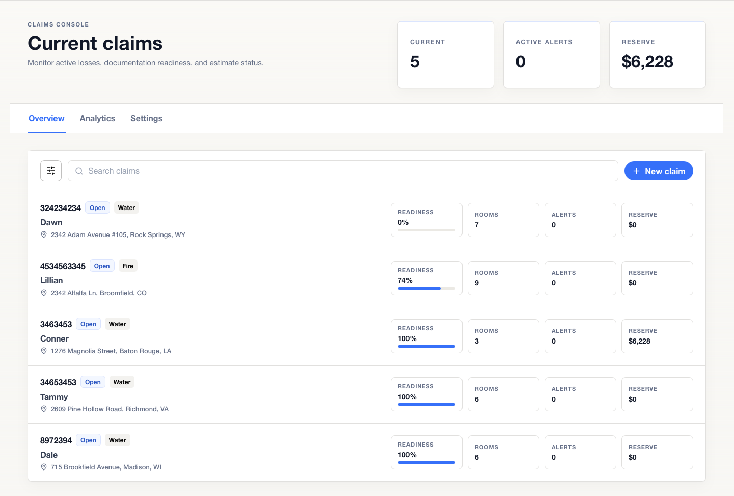 Parity claims console showing current claims with readiness, rooms, alerts, and reserve for each loss